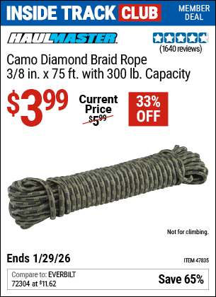 www.hfqpdb.com - HAUL-MASTER CAMO DIAMOND BRAID ROPE, 3/8 IN. X 75 FT. WITH 300 LB. CAPACITY Lot No. 47835
