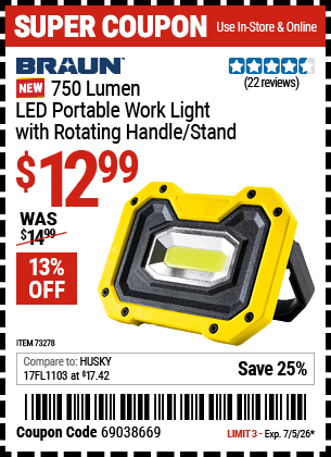 www.hfqpdb.com - BRAUN 750 LUMEN LED PORTABLE WORK LIGHT WITH ROTATING HANDLE/STAND Lot No. 57961