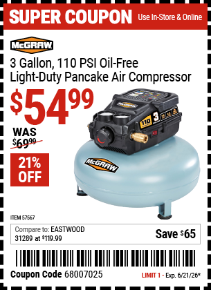 www.hfqpdb.com - MCGRAW 3 GALLON, 110 PSI OIL-FREE LIGHT-DUTY PANCAKE AIR COMPRESSOR Lot No. 57567