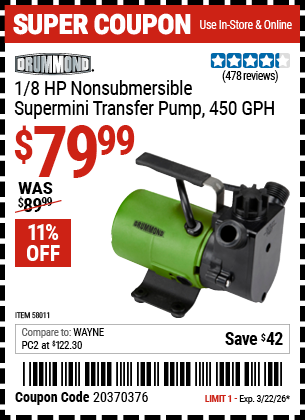 www.hfqpdb.com - DRUMMOND 1/8 HP NONSUBMERSIBLE SUPERMINI TRANSFER PUMP, 450 GPH Lot No. 58011