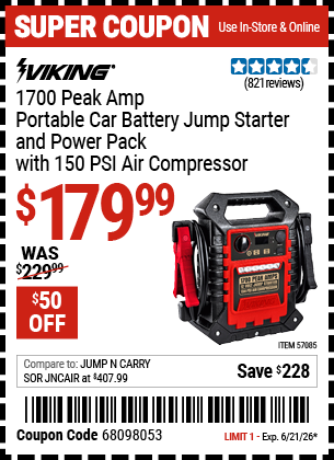www.hfqpdb.com - VIKING 1700 PEAK AMP PORTABLE CAR BATTERY JUMP STARTER AND POWER PACK WITH 150 PSI AIR COMPRESSOR Lot No. 57085