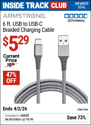 www.hfqpdb.com - ARMSTRONG 6 FT. USB TO USB-C BRAIDED CHARGING CABLE Lot No. 57490