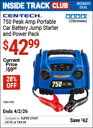 www.hfqpdb.com - CEN-TECH 750 PEAK AMP PORTABLE CAR BATTERY JUMP STARTER AND POWER PACK Lot No. 57209
