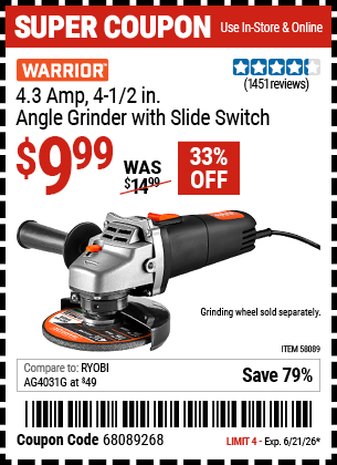 www.hfqpdb.com - WARRIOR 4.3 AMP, 4-1/2 IN. ANGLE GRINDER WITH SLIDE SWITCH Lot No. 58089