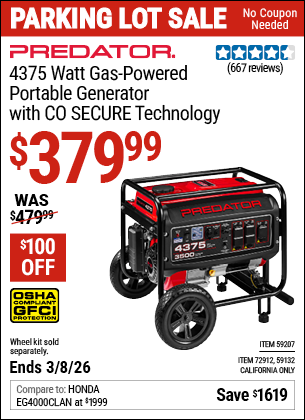 www.hfqpdb.com - PREDATOR 4375 WATT GAS-POWERED PORTABLE GENERATOR WITH CO SECURE TECHNOLOGY Lot No. 59132/59207/72912