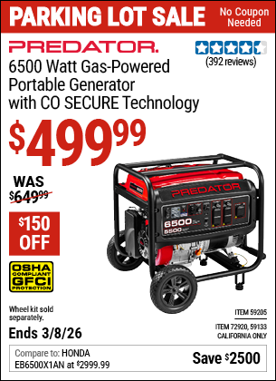 www.hfqpdb.com - PREDATOR 6500 WATT GAS-POWERED PORTABLE GENERATOR WITH CO SECURE TECHNOLOGY Lot No. 59205/59133/72920
