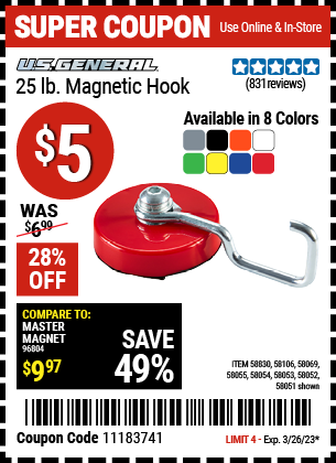 Harbor Freight U.S. GENERAL 25 LB. MAGNETIC HOOK coupon