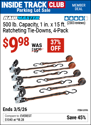 Harbor Freight HAUL-MASTER 500 LB. CAPACITY, 1 IN. X 15 FT. RATCHETING TIE-DOWNS, 4-PACK coupon