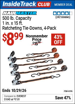 www.hfqpdb.com - HAUL-MASTER 500 LB. CAPACITY, 1 IN. X 15 FT. RATCHETING TIE-DOWNS, 4-PACK Lot No. 63996