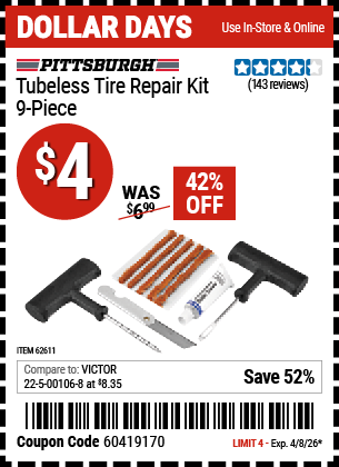 www.hfqpdb.com - PITTSBURGH TUBELESS TIRE REPAIR KIT, 9-PIECE Lot No. 62611