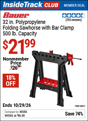 www.hfqpdb.com - BAUER 32 IN. POLYPROPYLENE FOLDING SAWHORSE WITH BAR CLAMP, 500 LB. CAPACITY Lot No. 58874