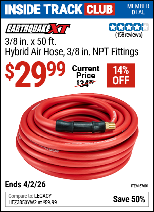 www.hfqpdb.com - EARTHQUAKE XT 3/8 IN. X 50 FT. HYBRID AIR HOSE, 3/8 IN. NPT FITTINGS Lot No. 57601