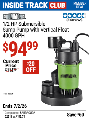 www.hfqpdb.com - DRUMMOND 1/2 HP SUBMERSIBLE SUMP PUMP WITH VERTICAL FLOAT, 4000 GPH Lot No. 58006