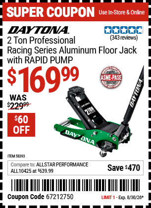 www.hfqpdb.com - DAYTONA 2 TON PROFESSIONAL RACING SERIES ALUMINUM FLOOR JACK WITH RAPID PUMP Lot No. 58393
