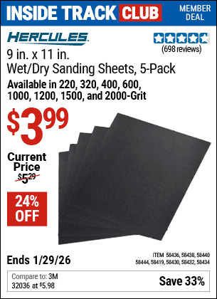 www.hfqpdb.com - HERCULES 9 IN. X 11 IN., WET/DRY SANDING SHEETS WITH SILICON CARBIDE GRAIN, 5-PACK Lot No. 58419/58444/58434/58438/58440/58432/58430