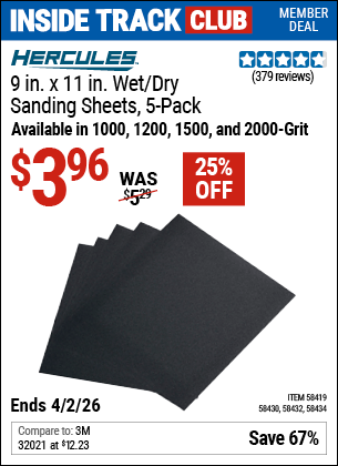 www.hfqpdb.com - HERCULES 9 IN. X 11 IN., WET/DRY SANDING SHEETS WITH SILICON CARBIDE GRAIN, 5-PACK Lot No. 58419/58444/58434/58438/58440/58432/58430