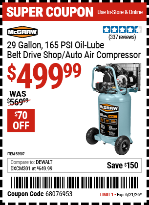 www.hfqpdb.com - MCGRAW 29 GALLON, 165 PSI OIL-LUBE BELT DRIVE SHOP/AUTO AIR COMPRESSOR Lot No. 58507