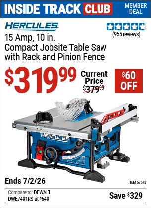 www.hfqpdb.com - HERCULES 15 AMP, 10 IN. COMPACT JOBSITE TABLE SAW WITH RACK AND PINION FENCE Lot No. 57673