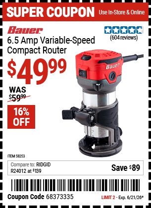 www.hfqpdb.com - BAUER 6.5 AMP VARIABLE-SPEED COMPACT ROUTER Lot No. 58253