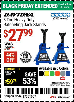 Harbor Freight 3 TON HEAVY DUTY RATCHETING JACK STANDS coupon
