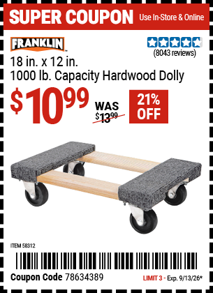 www.hfqpdb.com - FRANKLIN 18 IN. X 12 IN., 1000 LB. CAPACITY HARDWOOD DOLLY Lot No. 63098/93886/61899/63098/57031/56185/57575/57576/61303/58957/58089