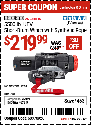 www.hfqpdb.com - BADLAND APEX 5500 LB. UTV SHORT-DRUM WINCH WITH SYNTHETIC ROPE Lot No. 57206