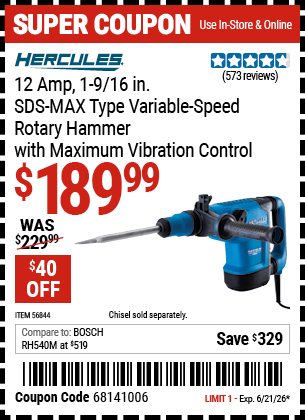 www.hfqpdb.com - HERCULES 12 AMP, 1-9/16 IN. SDS-MAX TYPE VARIABLE-SPEED ROTARY HAMMER WITH MAXIMUM VIBRATION CONTROL Lot No. 46844