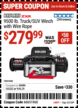 www.hfqpdb.com - BADLAND ZXR 9500 LB. TRUCK/SUV WINCH WITH WIRE ROPE Lot No. 59408