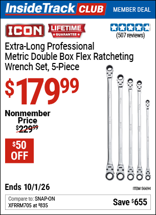 Harbor Freight ICON EXTRA-LONG PROFESSIONAL METRIC DOUBLE BOX FLEX RATCHETING WRENCH SET, 5-PIECE coupon