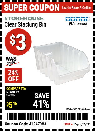 www.hfqpdb.com - STOREHOUSE CLEAR STACKING BIN Lot No. 67134, 62806