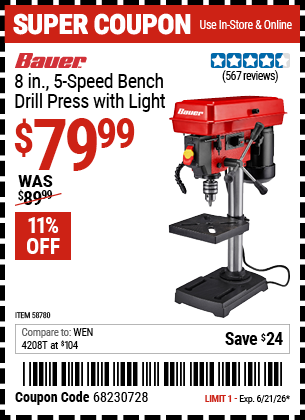 www.hfqpdb.com - BAUER 8 IN., 5-SPEED BENCH DRILL PRESS WITH LIGHT Lot No. 58780