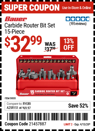 www.hfqpdb.com - BAUER CARBIDE ROUTER BIT SET, 15-PIECE Lot No. 59555