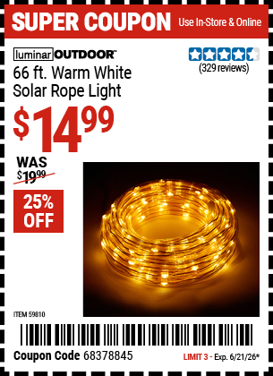 www.hfqpdb.com - LUMINAR OUTDOOR 66 FT. WARM WHITE SOLAR ROPE LIGHT Lot No. 59810