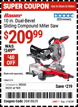 www.hfqpdb.com - BAUER 10 IN. DUAL-BEVEL SLIDING COMPOUND MITER SAW Lot No. 57179