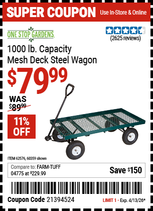 www.hfqpdb.com - ONE STOP GARDENS 1000 LB. CAPACITY MESH DECK STEEL WAGON Lot No. 38137/62576/60359