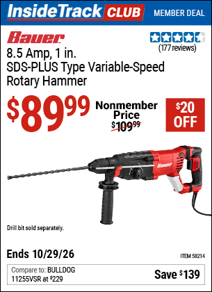 www.hfqpdb.com - BAUER 8.5 AMP, 1 IN. SDS-PLUS TYPE VARIABLE-SPEED ROTARY HAMMER Lot No. 58214