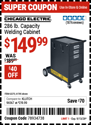 www.hfqpdb.com - CHICAGO ELECTRIC 286 LB. CAPACITY WELDING CABINET Lot No. 62275