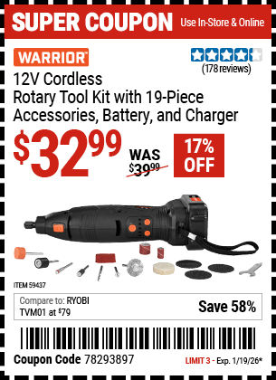 www.hfqpdb.com - WARRIOR 12V CORDLESS ROTARY TOOL KIT WITH 19-PIECE ACCESSORIES, BATTERY, AND CHARGER Lot No. 59437