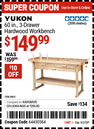 www.hfqpdb.com - YUKON 60 IN., 3-DRAWER HARDWOOD WORKBENCH Lot No. 58832