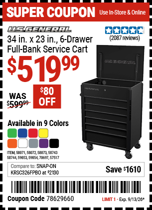 www.hfqpdb.com - U.S. GENERAL 34 IN. X 23 IN., 6-DRAWER FULL-BANK SERVICE CART Lot No. 57517/58071/58072/58073/58743/58744/59853/59854/70697