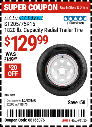 www.hfqpdb.com - HAUL-MASTER ST205/75R15, 1820 LB. CAPACITY RADIAL TRAILER TIRE Lot No. 59807