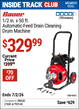 www.hfqpdb.com - BAUER 1/2 IN. X 50 FT. AUTOMATIC-FEED DRAIN CLEANING DRUM MACHINE Lot No. 59533