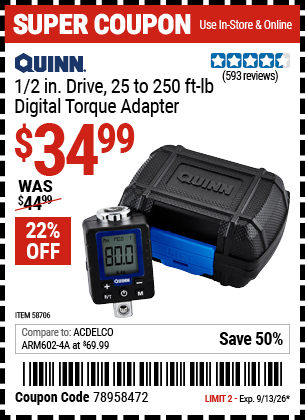Harbor Freight QUINN 1/2 IN. DRIVE, 25 TO 250 FT-LB DIGITAL TORQUE ADAPTER coupon