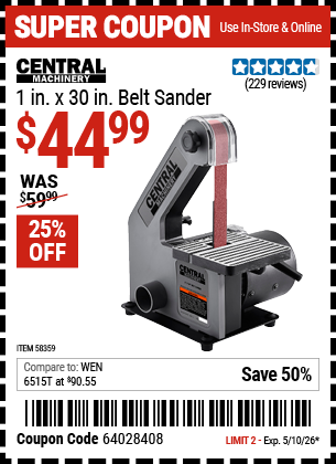www.hfqpdb.com - CENTRAL MACHINERY 1 IN. X 30 IN. BELT SANDER Lot No. 58359