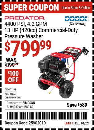 www.hfqpdb.com - PREDATOR 4400 PSI, 4.2 GPM, 13 HP (420CC) COMMERCIAL-DUTY PRESSURE WASHER Lot No. 71102
