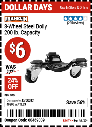 www.hfqpdb.com - FRANKLIN 3-WHEEL STEEL DOLLY, 200 LB. CAPACITY Lot No. 59734