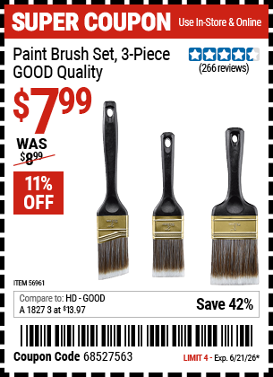 www.hfqpdb.com - PAINT BRUSH SET, 3-PIECE, GOOD QUALITY Lot No. 56961