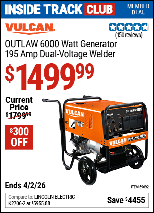www.hfqpdb.com - VULCAN OUTLAW 6000 WATT DUAL-VOLTAGE, ENGINE-DRIVEN INVERTER DC ARC WELDER/AC GENERATOR WITH WHEEL KIT, 20&ndash;195 AMP DC OUTPUT, 120/240 VOLT, 6000 WATT AC POWER OUTPUT Lot No. 59692