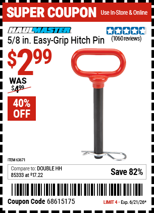 www.hfqpdb.com - HAUL-MASTER 5/8 IN. EASY-GRIP HITCH PIN Lot No. 63671