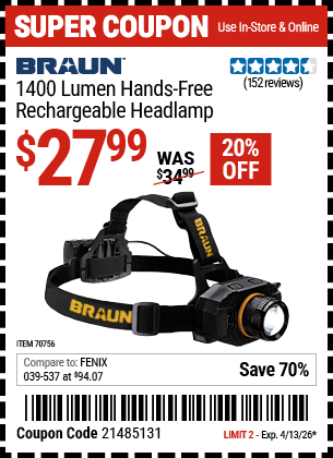 www.hfqpdb.com - BRAUN 1400 LUMEN HANDS-FREE RECHARGEABLE HEADLAMP Lot No. 70756